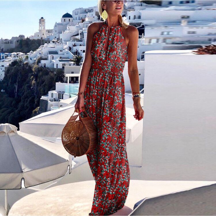 Women Summer Vacation Casual Boho Floral Print Halter Neck Maxi Dress