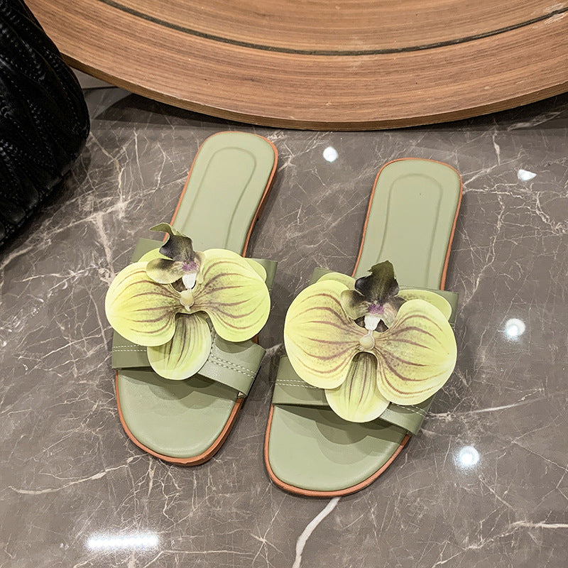 Women Summer Vacation Flower Decor Flat Slippers