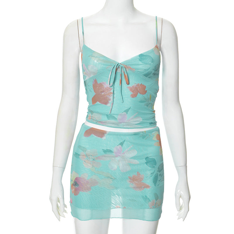 Women Fashion Sexy Floral Printed Camisole and Skirt Two-Piece Set