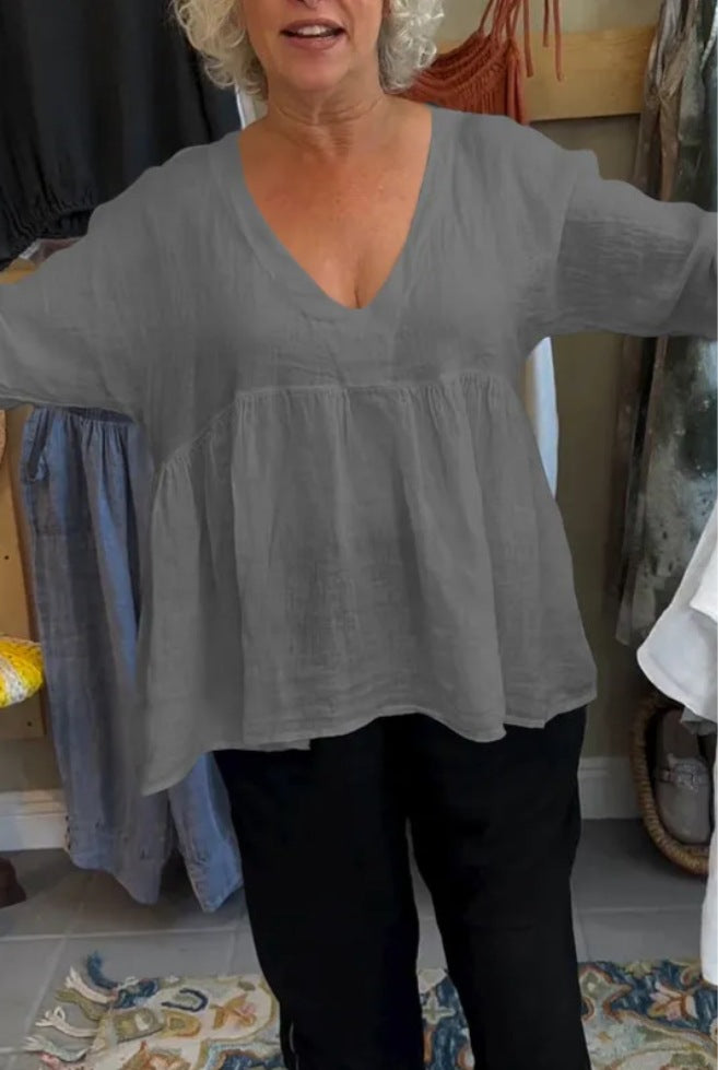 Women Casual Solid Cotton Linen V-Neck Blouse