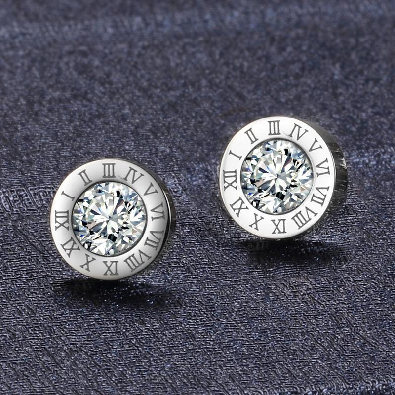 Simple Round Zircon-Encrusted Titanium Steel Earrings