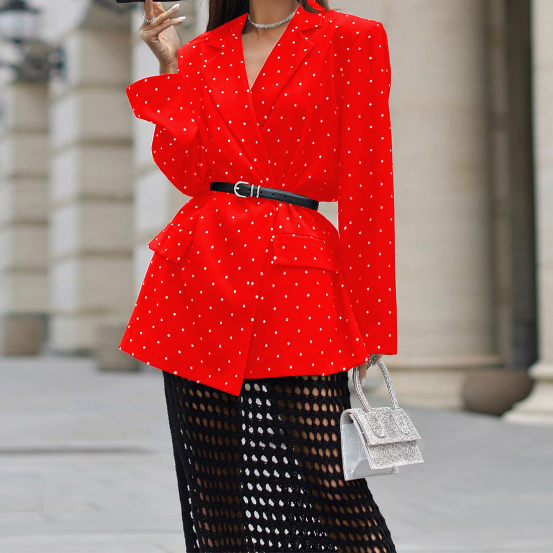 Blazer élégant à manches longues et revers imprimé pois pour femme