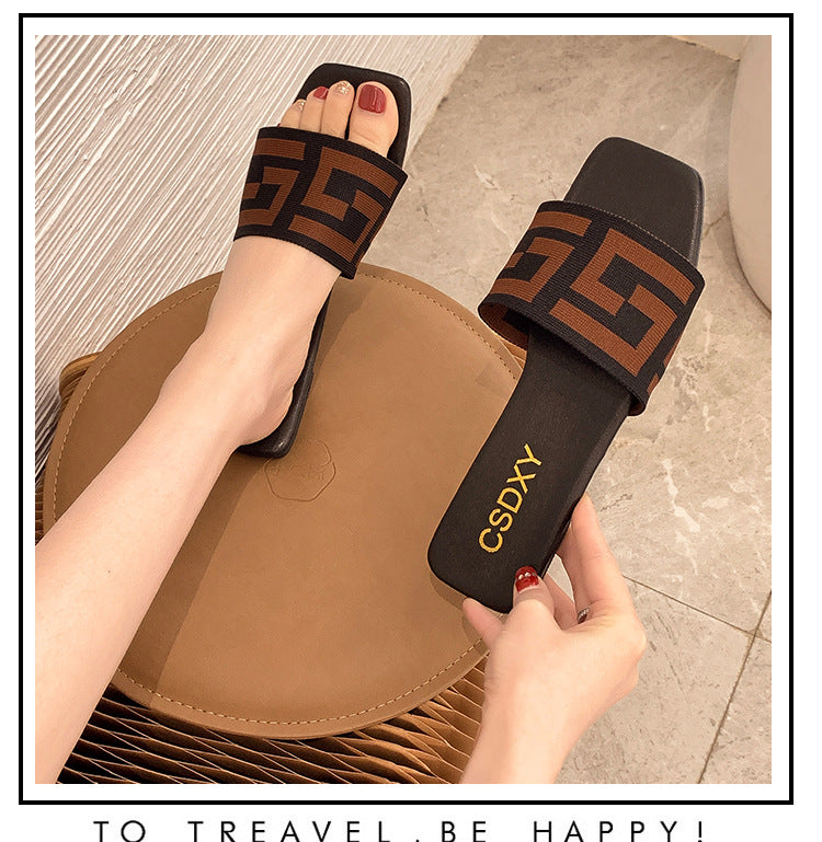 Casual Square-Toe Flat Slippers with Artificial PU Upper