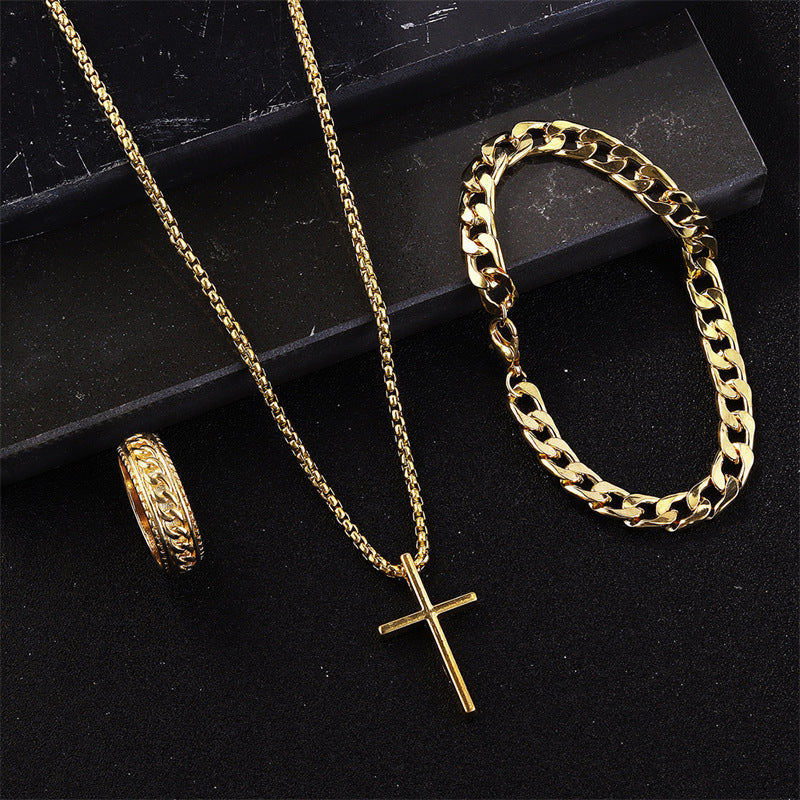 Conjunto de collar, pulsera y anillo con cruz de hip hop de moda