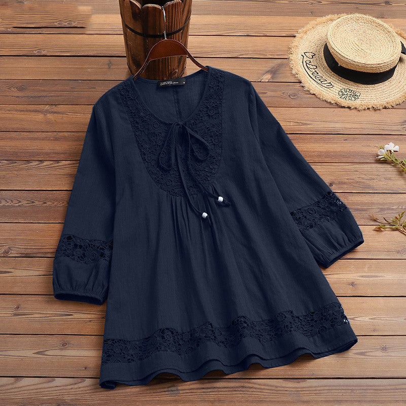 Blusa informal de lino y algodón de color liso para mujer