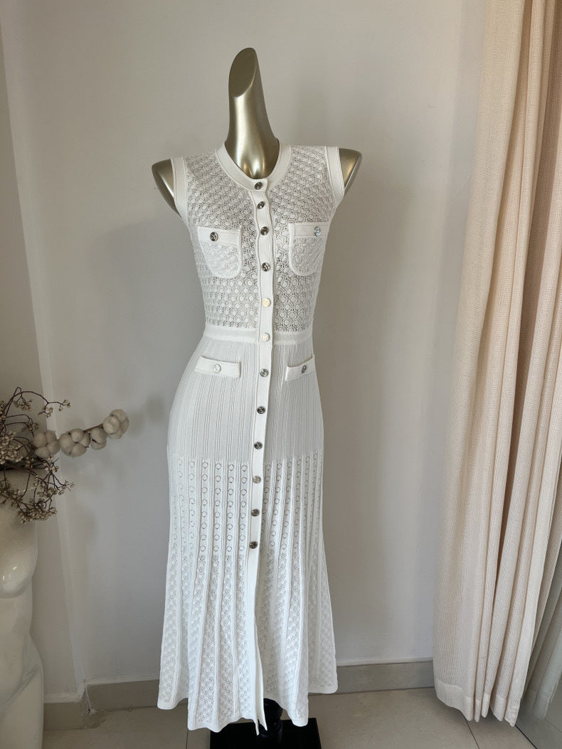 Vestido elegante de punto sin mangas con aberturas para mujer - Midi de poliéster de moda