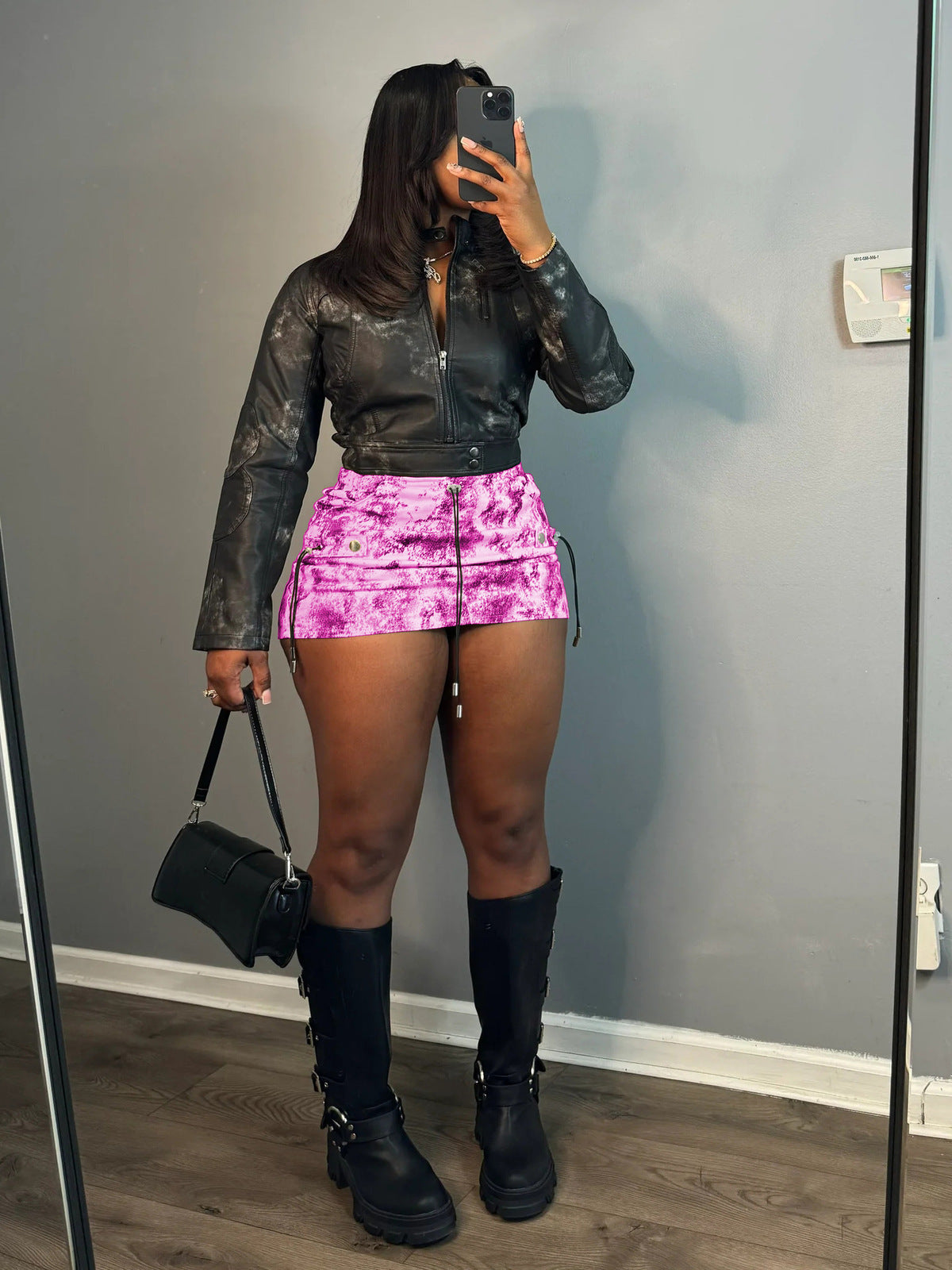 Women Fashion Sexy Printed Pleated Drawstring Pocket Skirt