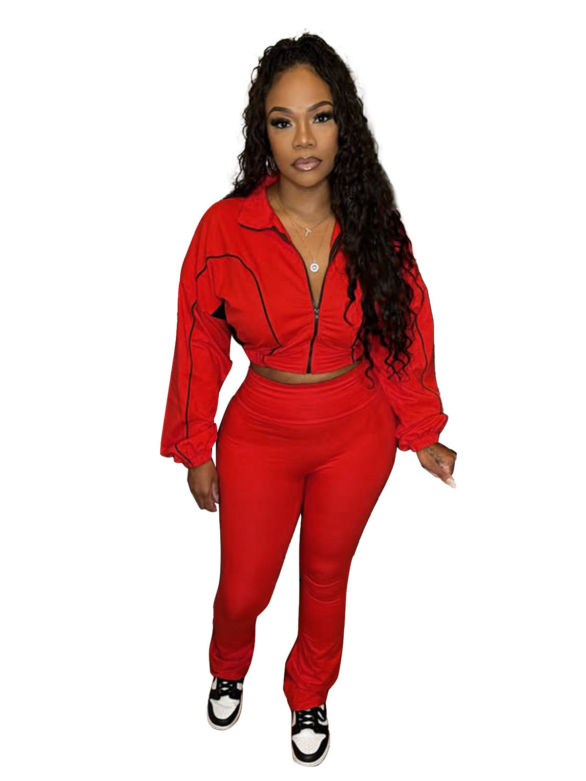 Fashion Women Double Stitching Contrast Color Zipper Crop Top and Wide-Leg Pants Set