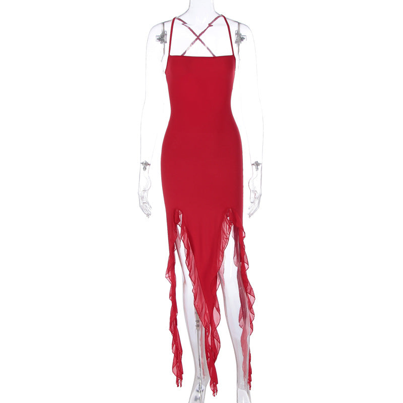 Vestido sexy de malla con volantes irregulares para mujer