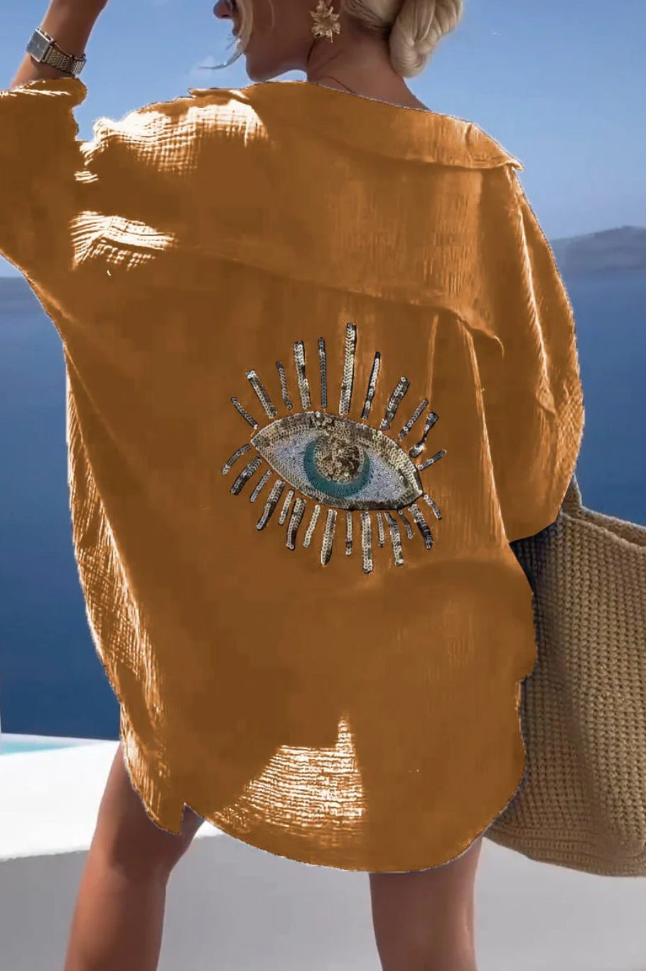 Camisa informal de verano para mujer con estampado de mal de ojo en la espalda