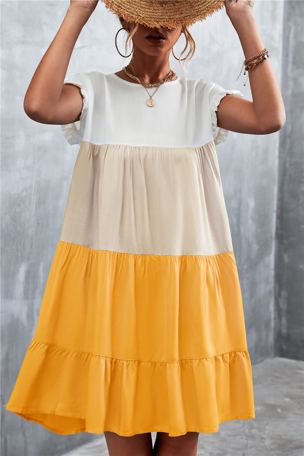 Women Bohemian Summer Short Sleeves Color Blocking Ruffled Dress