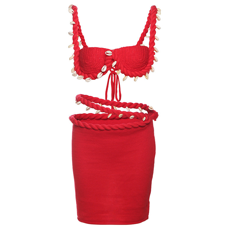 Women Fashion Sexy Knitted Camisole Skirt Set