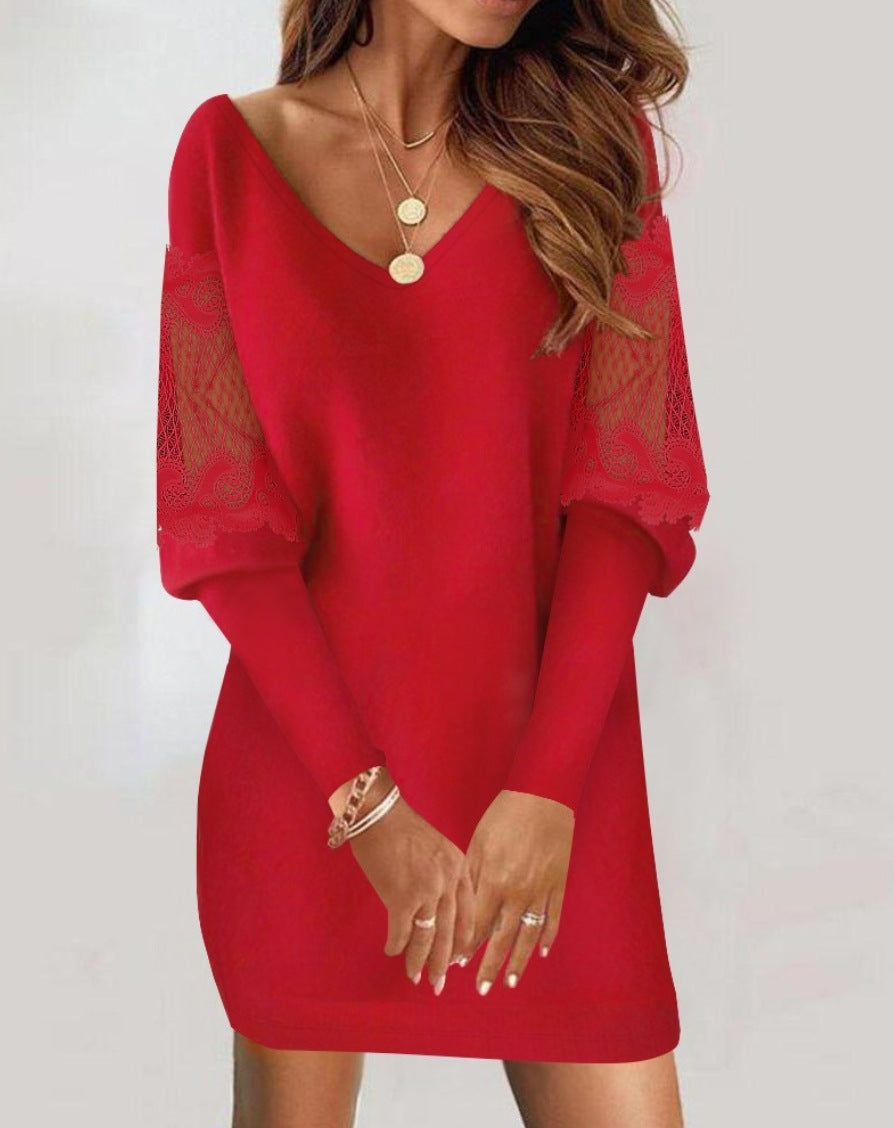 Vestido de encaje estampado de manga larga con escote en V para mujer