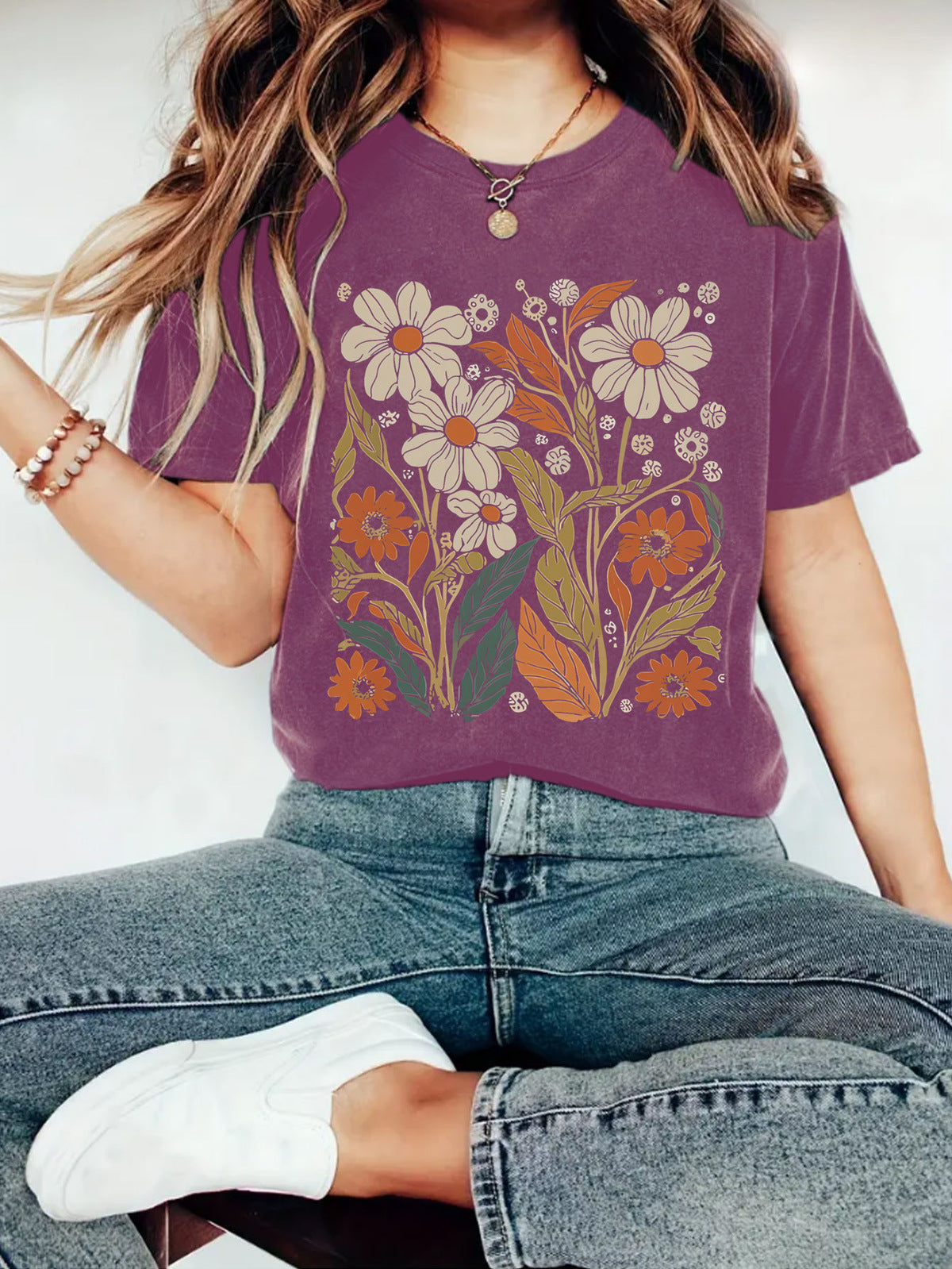 Women Casual Floral Print Short Sleeve T-Shirt