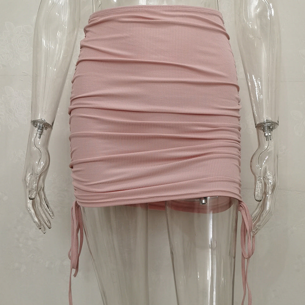 Women Fashion Solid Color Drawstring Pleated Skirt