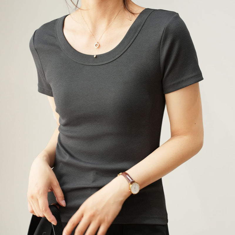 Camiseta sencilla de manga corta con cuello redondo y color liso para mujer