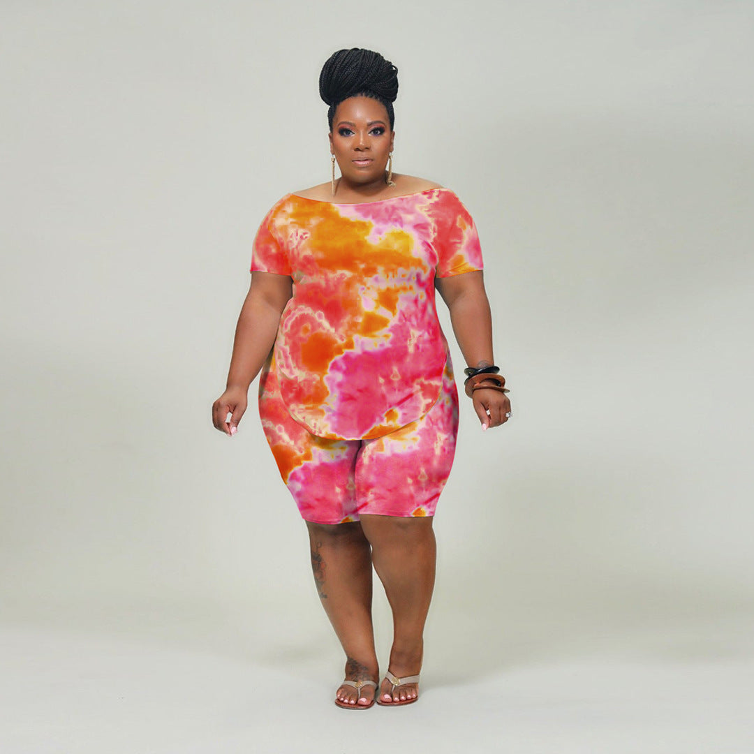 Women Casual Plus Size Tie-Dye Short-Sleeve T-Shirt Tight Shorts Two-Piece Set
