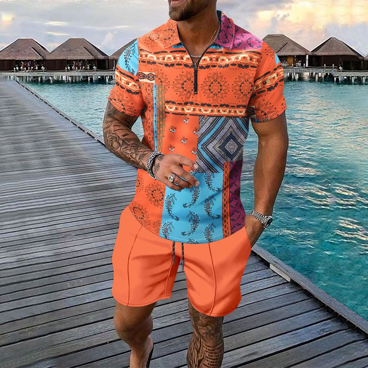 Conjunto de camiseta y pantalones cortos casuales de manga corta con estampado digital para hombre en mezcla de algodón