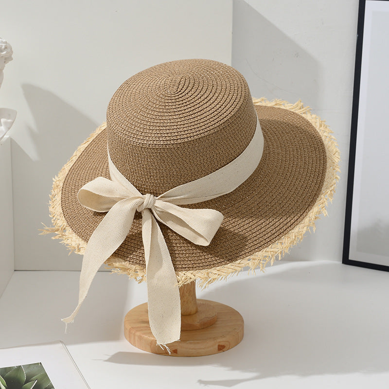 Sombrero de paja para el sol con parte superior plana y lazo para vacaciones en la playa