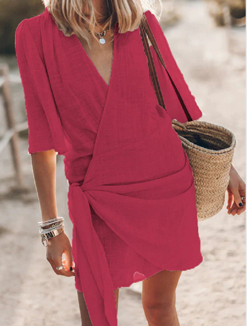 Vestido informal de verano para mujer, de lino y algodón con escote en V cruzado