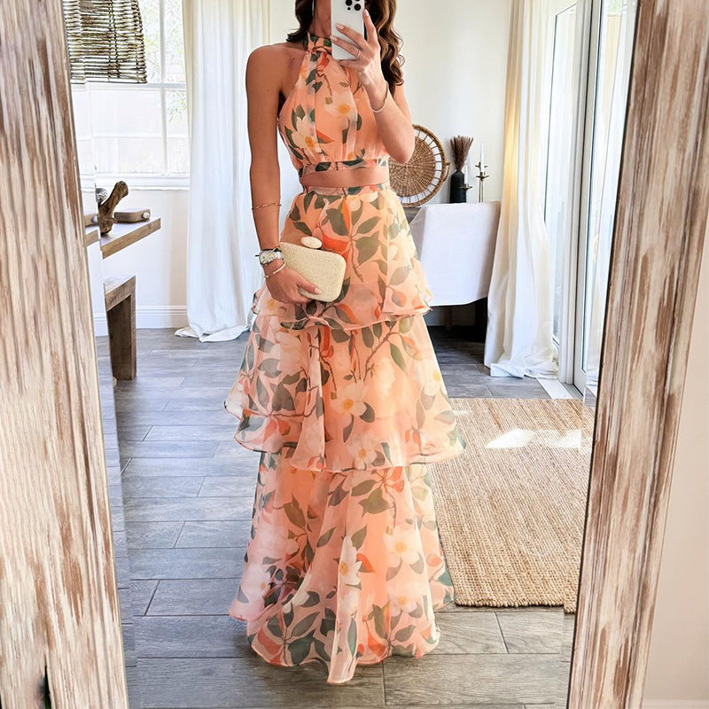 Vestido elegante sin mangas con cuello redondo y estampado a la moda para mujer