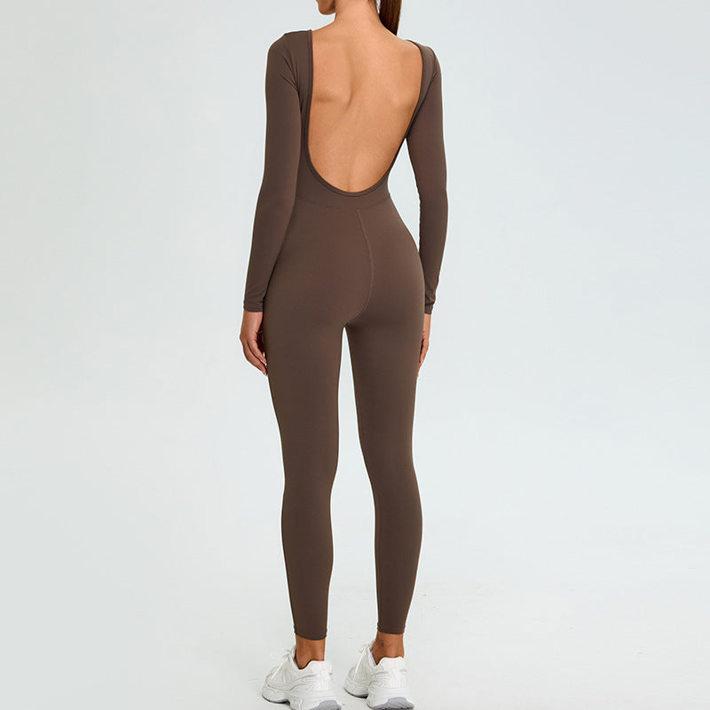 Women Fashion Solid Color Long-Sleeved Yoga Jumpsuits