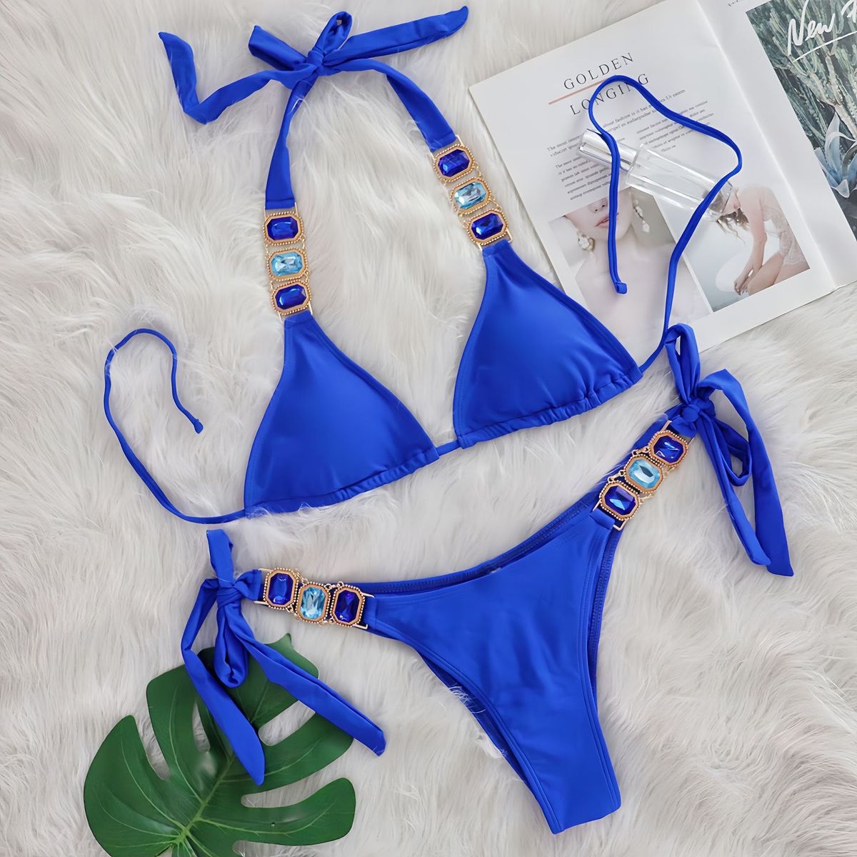 Bikini sexy con tirantes de diamantes de imitación de color sólido para mujer