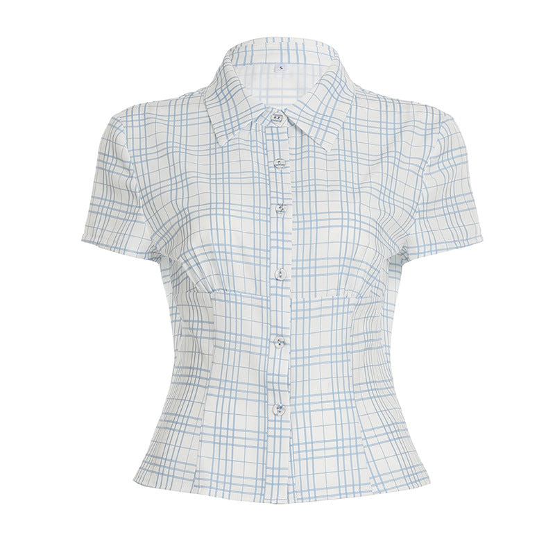 Blusa informal de manga corta con solapa y rayas para mujer
