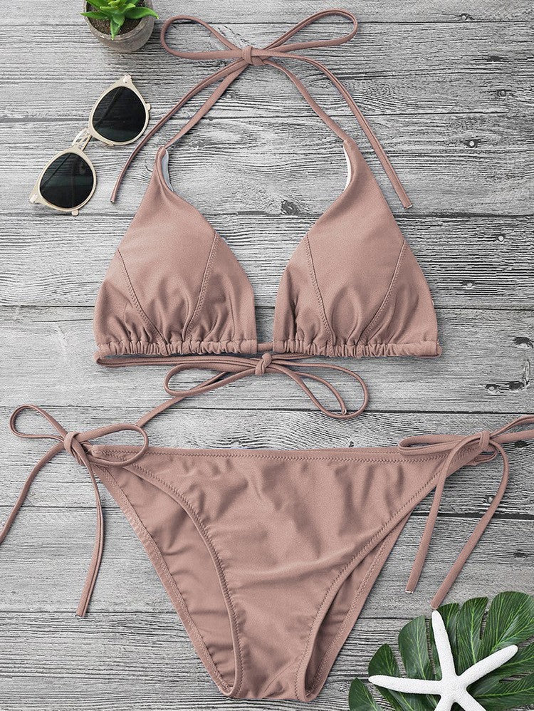 Maillot de bain bikini dos nu sexy et simple pour femme, couleur unie