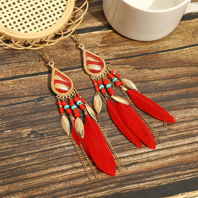 High-Value Feather Bohemian Long Tassel Earrings