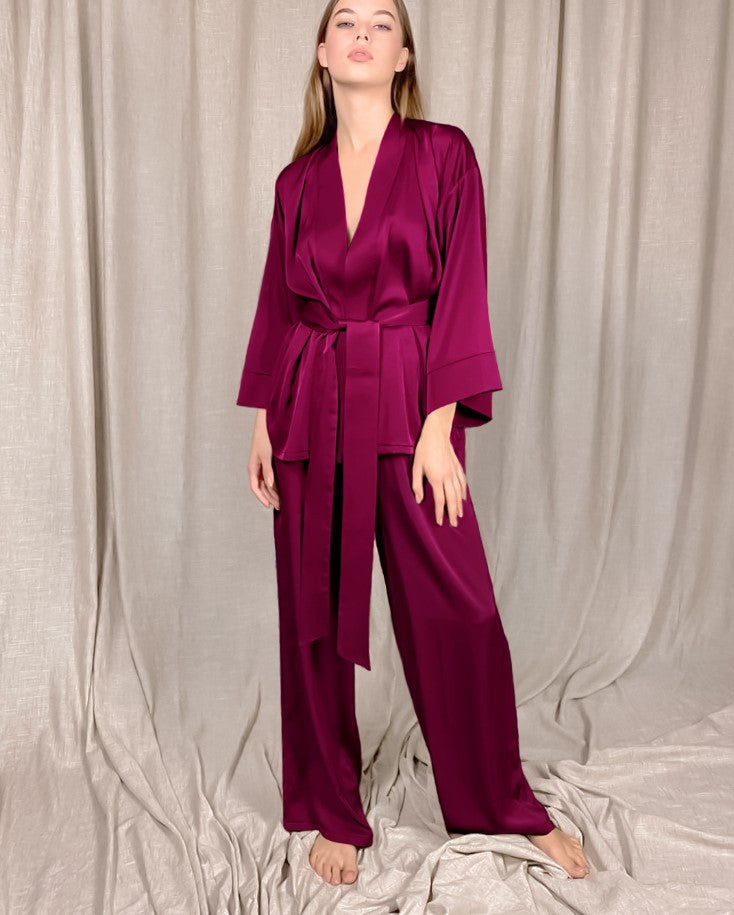 Women Solid Satin Long Sleeve Loose Lace-Up Pajamas Two Piece Set
