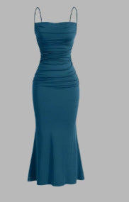 Vestido midi plisado con tirantes finos para mujer, de poliéster, color liso