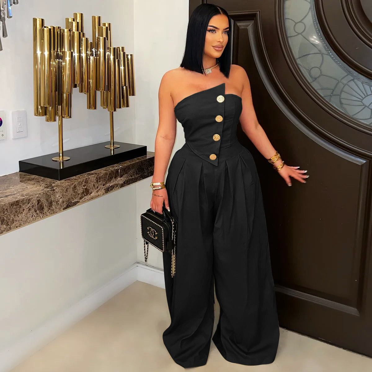 Women Fashion Solid Color Strapless Jumpsuits