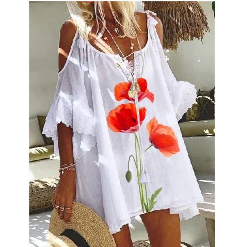 Women Fashion Bohemian Floral Print Vintage V Neck Short Sleeves Ruffled Midi Dress