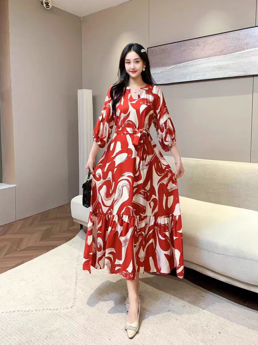 Vestido informal de gasa con cuello en V y estampado para mujer