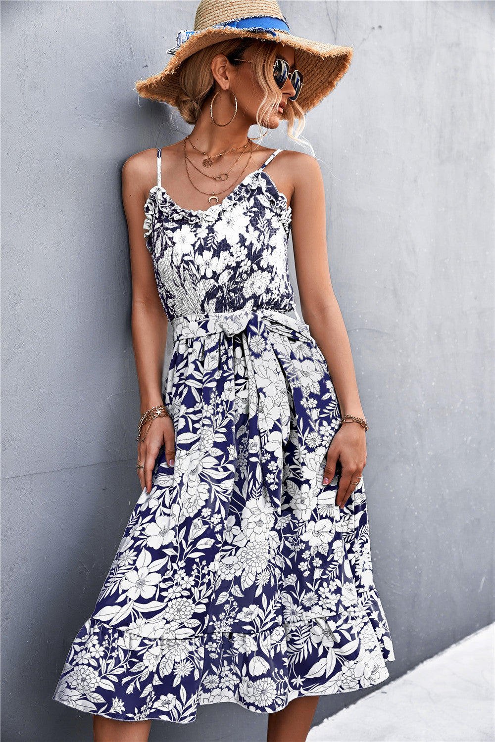 Summer Women Elegant Bohemian Sleeveless Ruffled Floral Dress