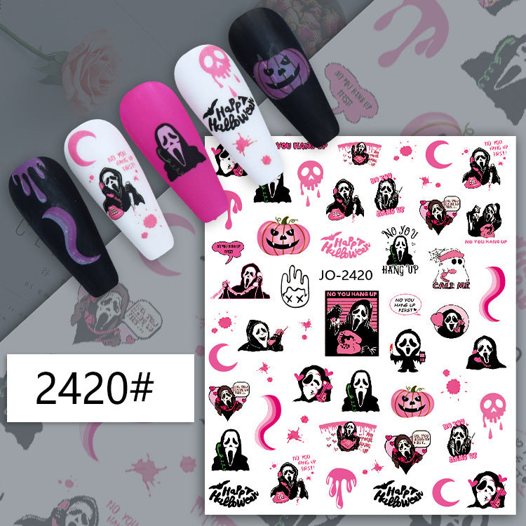 Autocollants pour ongles Halloween, motif crâne, citrouille, chat noir