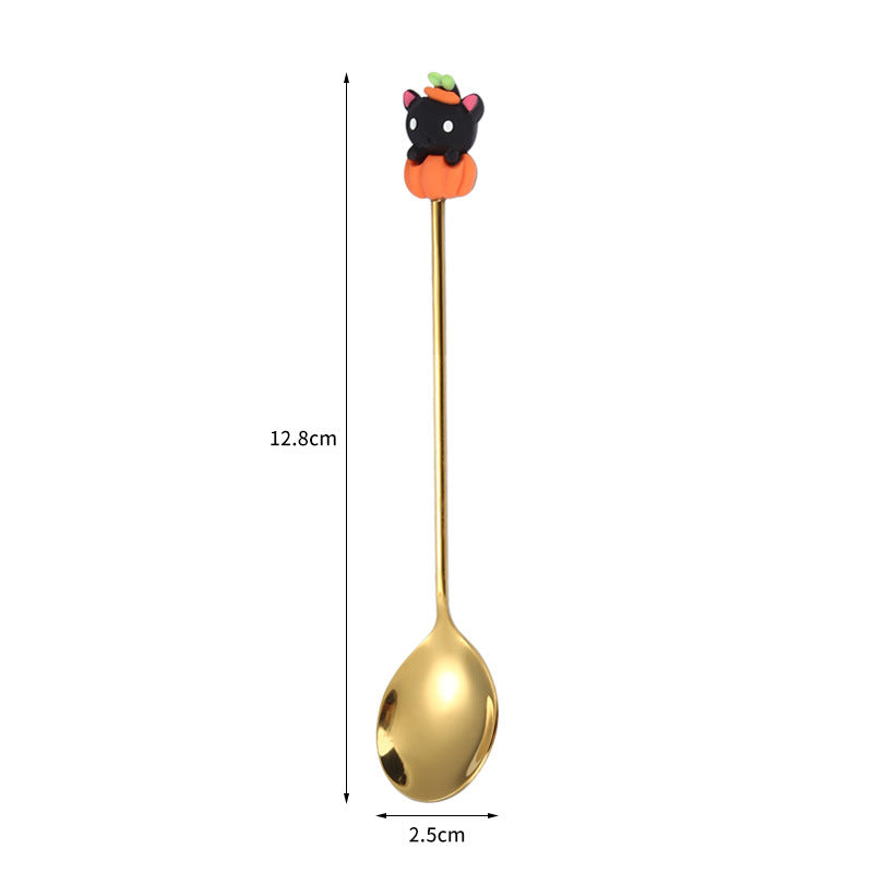 Tenedor y cuchara de acero inoxidable para postres y frutas con dibujos animados de Halloween.