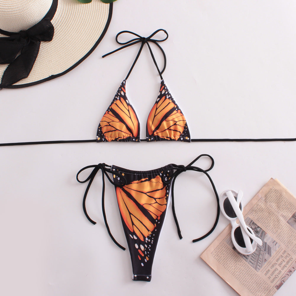 Bikini sexy con cuello halter y estampado de mariposas para mujer