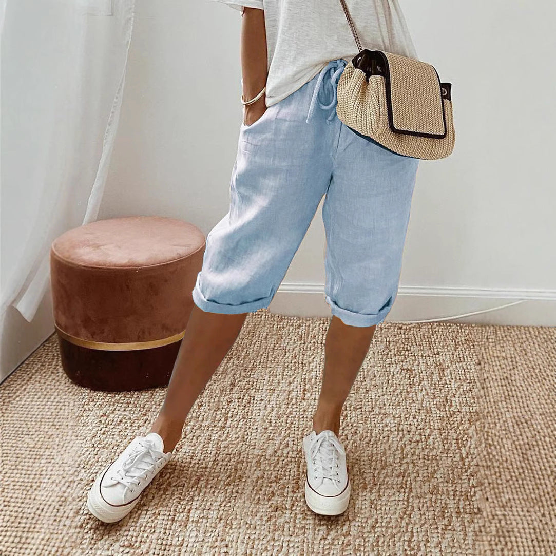 Women Casual Cotton And Linen Solid Color Pocket Pants