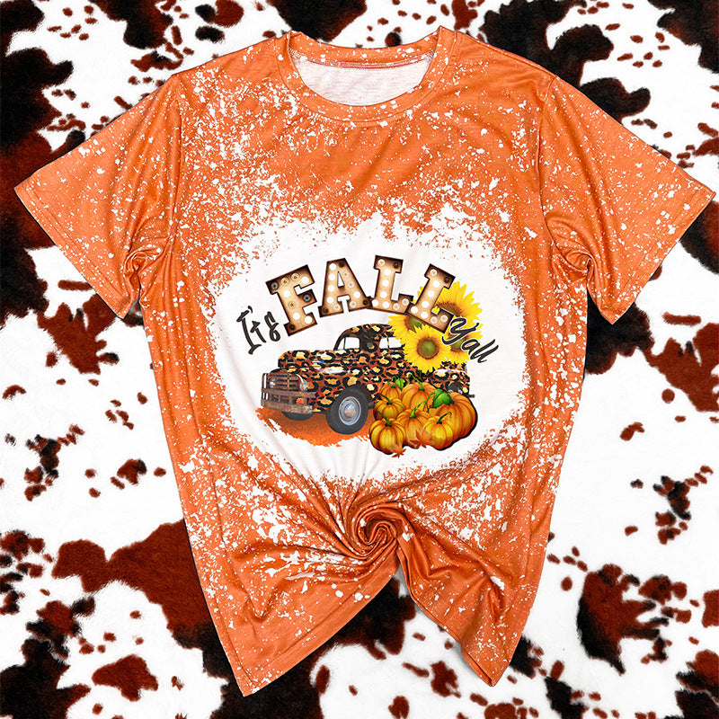 Camiseta de manga corta con estampado naranja de Halloween para mujer