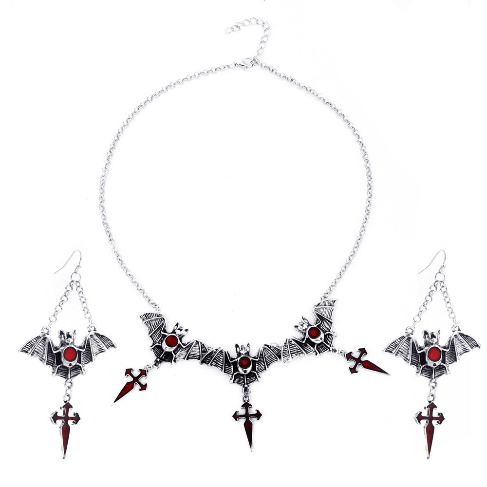 Conjunto de joyas de cruz de murciélago gótica oscura para mujer de Halloween