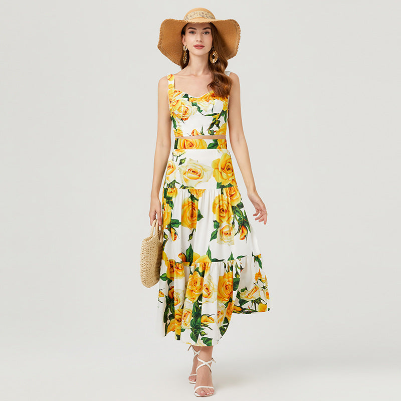 Women Summer Vacation Floral Print Crop Tank Top Long Skirt Set