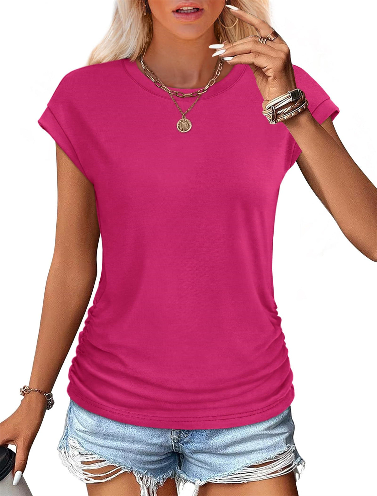 Camiseta informal de manga corta de algodón y seda de color liso para mujer