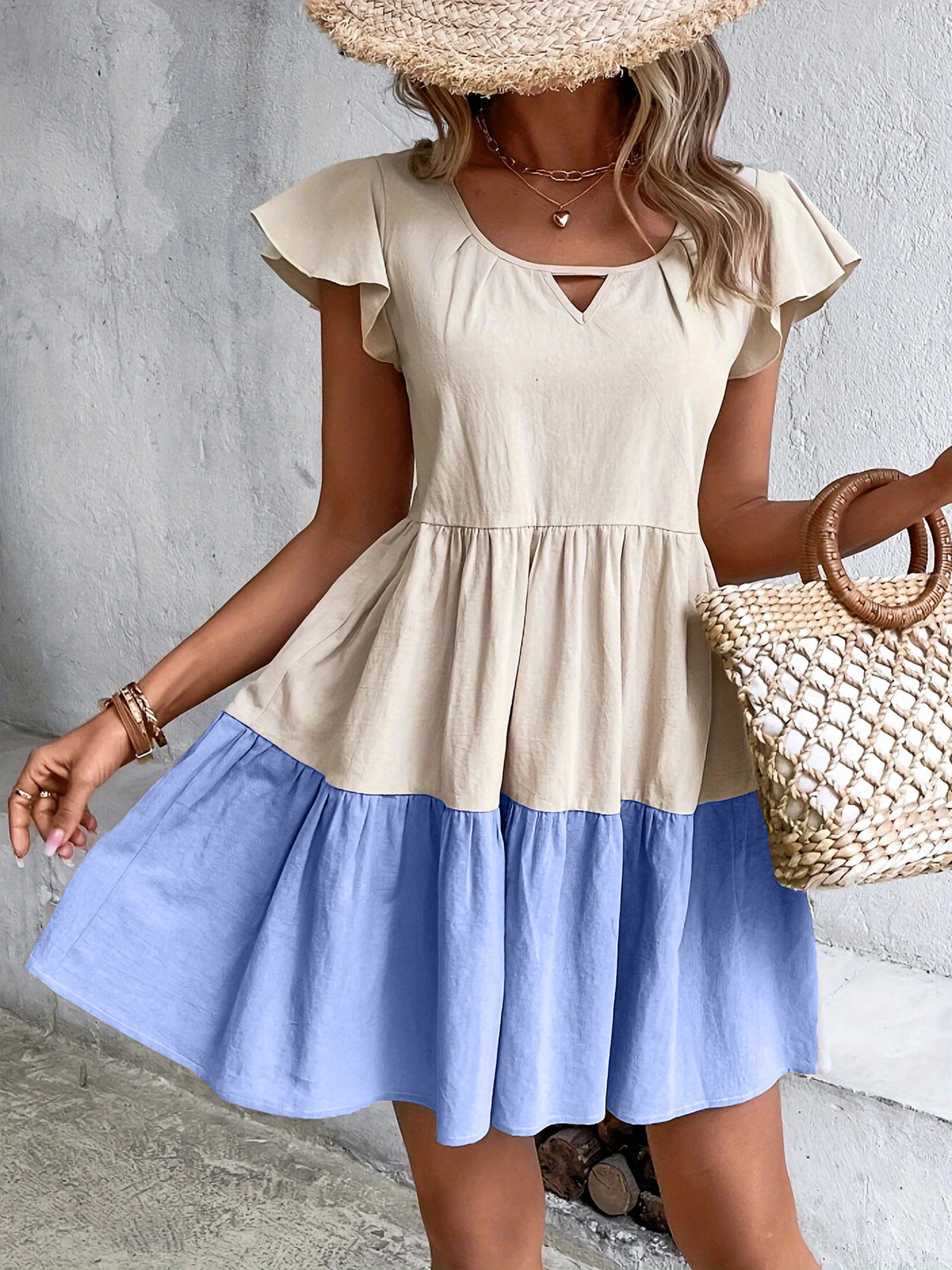 Robe décontractée en coton et lin à col en V pour femme
