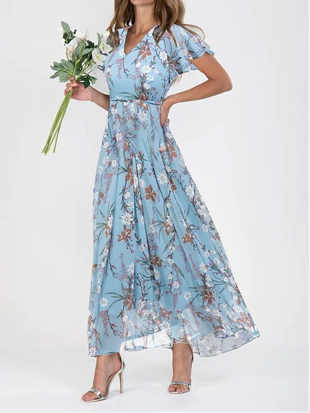 Women Fashion Casual Flower Printed Chiffon Dress
