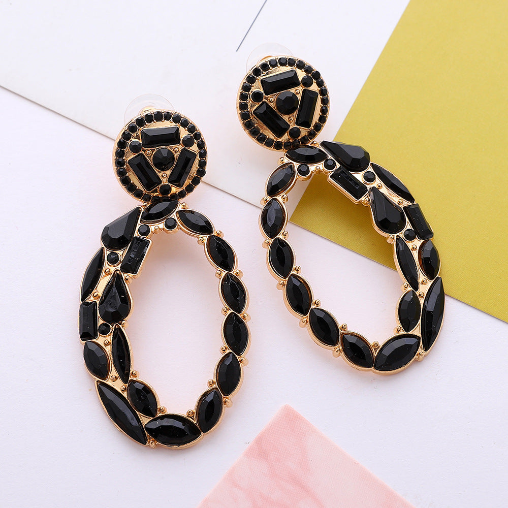 Boucles d'oreilles géométriques ovales en alliage et strass pour femmes, bijoux élégants