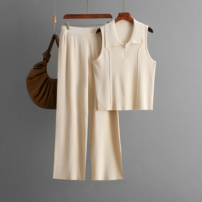 Women Casual Solid Color Sleeveless Zipper Tank Top High Waist Pants Two-Piece Set