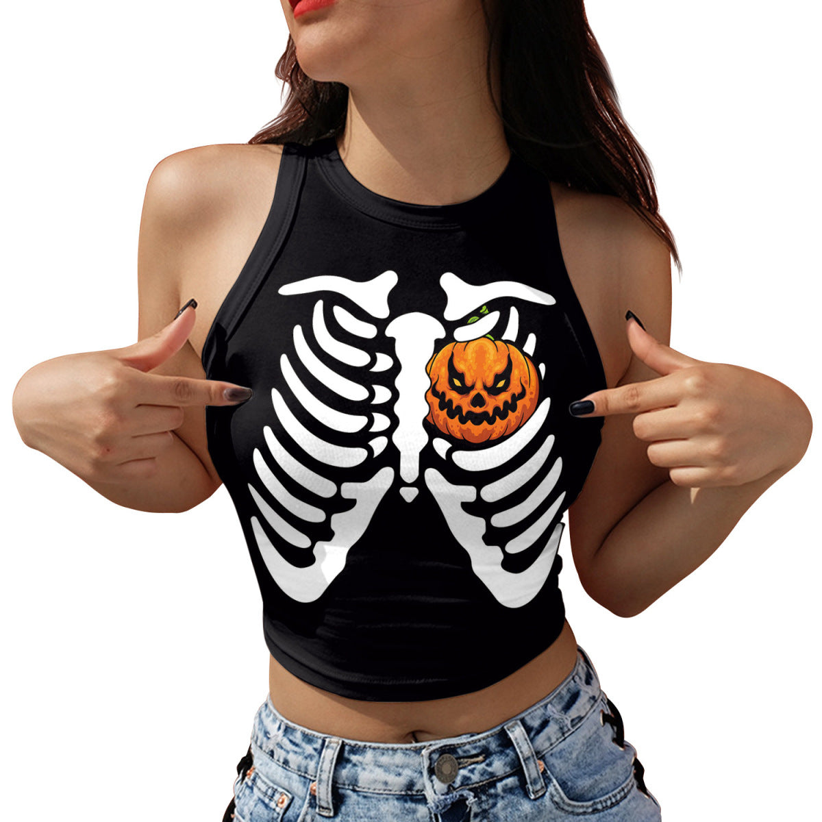 Halloween Pumpkin Skull Print Crop Top for Women