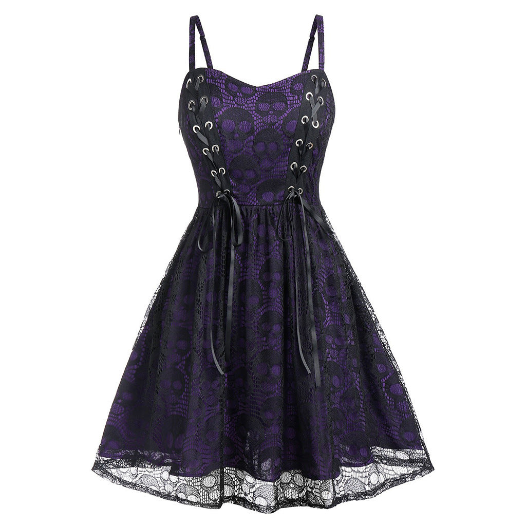 Women Fashion Retro Gothic Lace Splice Skull Dress
